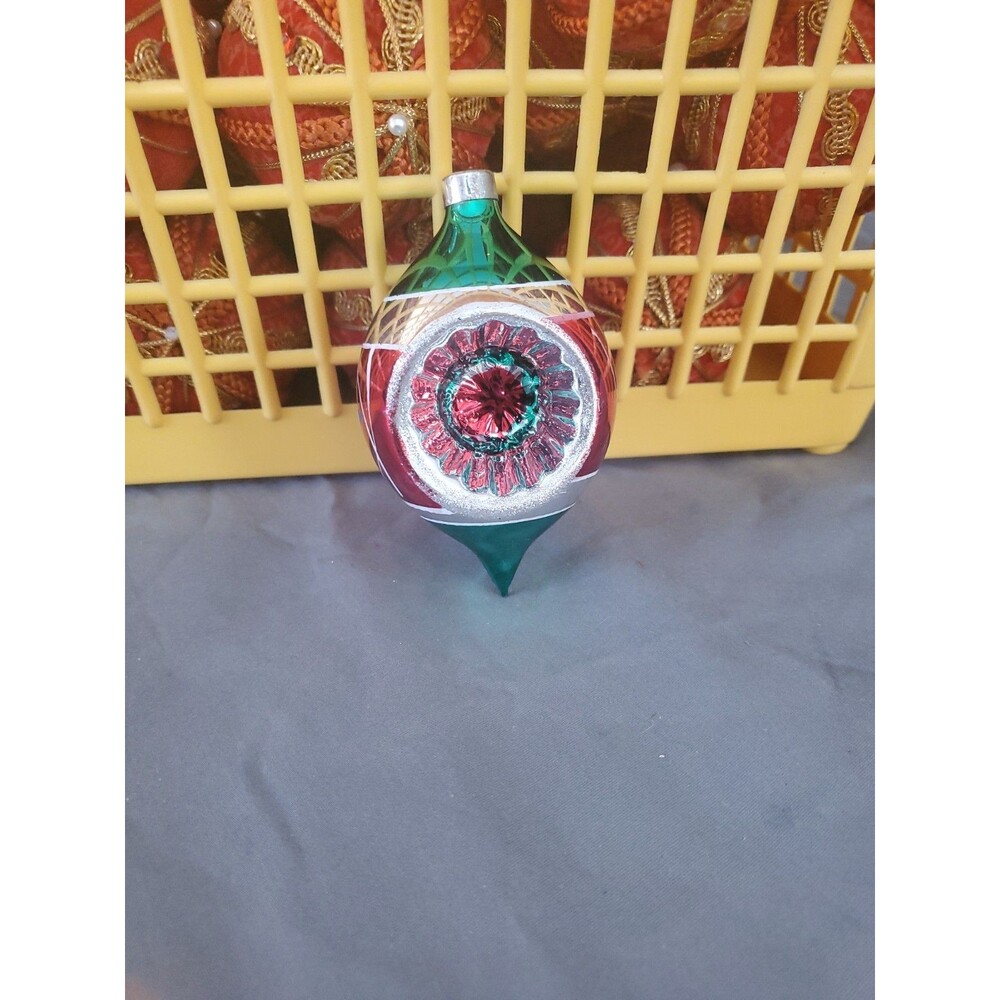 Vtg Indented Glass Christmas Ornament Red Green Blue Ornate Recessed